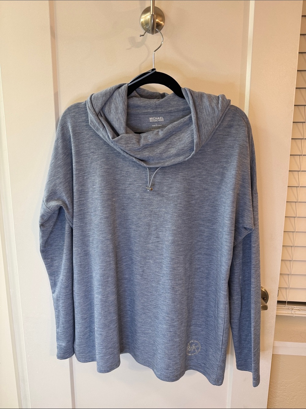 Michael Kors Heather Blue Cowl Neck Pullover Sweater Rhinestone Logo‎ Size L